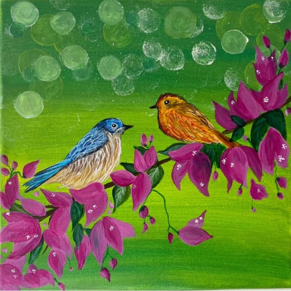 SALE-Birdies and floral acrylic painting